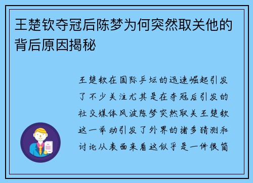 王楚钦夺冠后陈梦为何突然取关他的背后原因揭秘