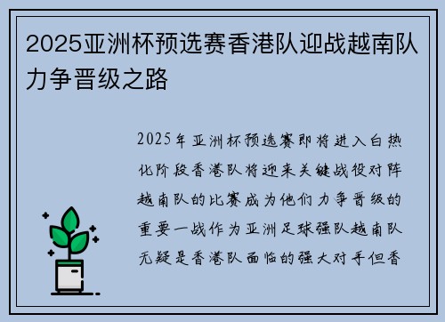 2025亚洲杯预选赛香港队迎战越南队力争晋级之路